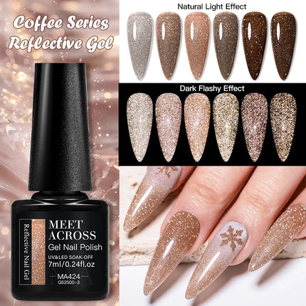 6pcs Coffee Brown Reflective Glitter Gel Nail Polish Set Dark Flashy Semi Permanent Soak Off UV Gel Varnish Nail Supplies Salon