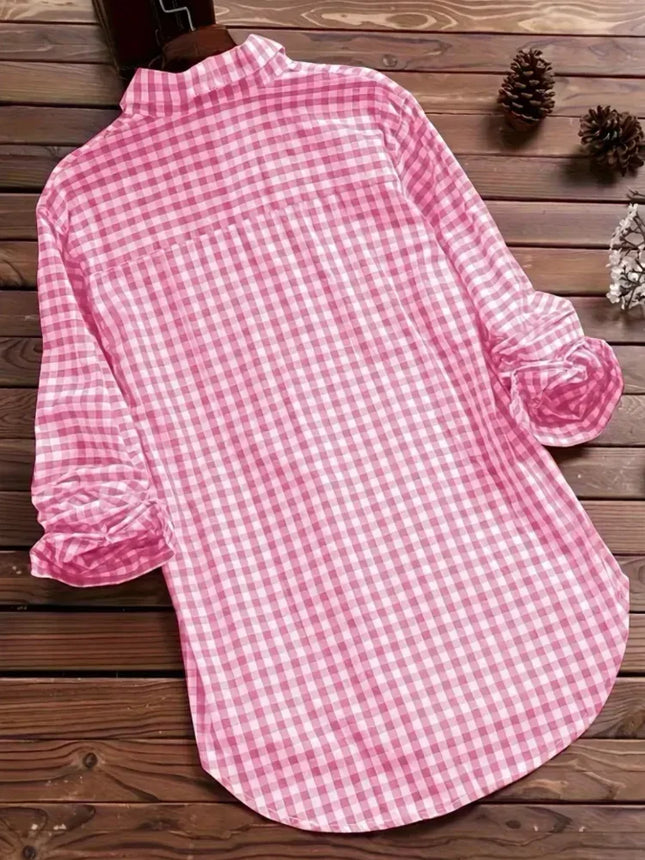 Plus Size Plaid Women's Spring Fall Cotton Linen Long Sleeves Roll Up Striped Casual V Neck Button Down Shirts Collar Tunic Tops