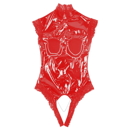 Women Latex Lingerie Teddy Bodysuit Club Dance Party Pornor Erotic Costume Wetlook Patent Leather Open Cup Crotch Open Leotard