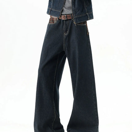 New Washed Straight Jeans Men's Trendy Solid Color American Style Wide Leg Denim Trousers Versatile Casual Pants