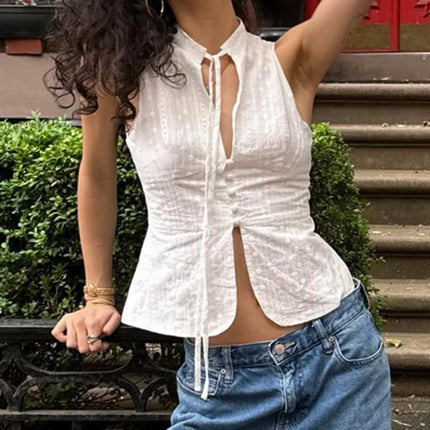 Lamuusaa y2k Tank Top Women Summer Clothes White Flower Embroidery Mock Neck Front Cutout Sleeveless T Shirt Vest Streetwear