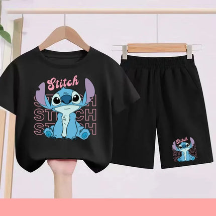 Kids Disney Stitch Print Summer Cute Breathable Tees + Shorts 2pcs 3-12 Years Boy Girls Round-neck Set Children Leisure Clothing