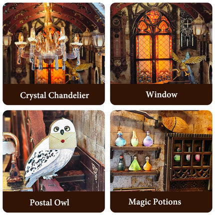 DIY Wooden Book Nook Magic Academy Dollhouses Miniature With Furniture Kit 3D Assemble Model Toy for Children Adult Gift Casa