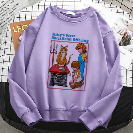Y2K Funny Cat Pattern Comic Design Hoodies Warm Fleece Sweatshirt Soft O-Neck Pullover Casual Female Clothes