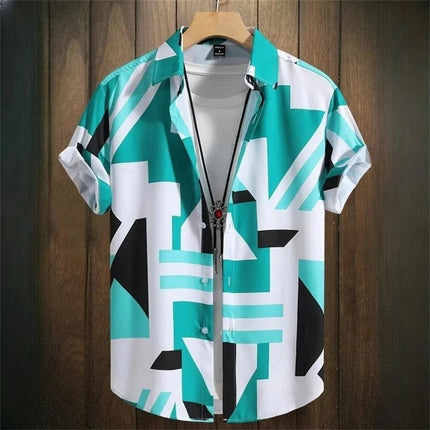 2026 Summer Men's Short-Sleeve Shirt with Asymmetrical Print Hawaiian-Style Collar Plus Size Casual Men's Wear