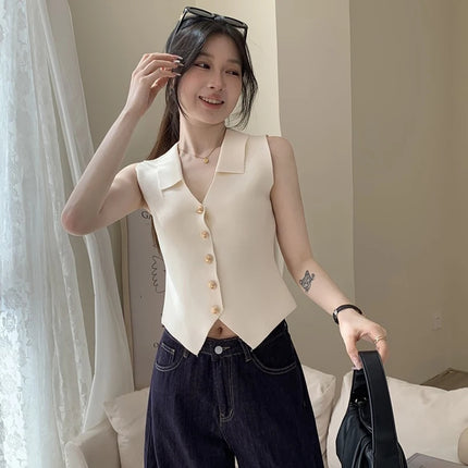 Women's French Temperament V-neck Sleeveless Slim Fit Knitted Vest Single Breasted Elegant Style