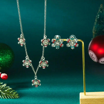 Luxury Zinc Alloy Christmas Jewelry Set Colorful Rhinestone Xmas Dangle Earrings Pendant Snowflake Necklace Women
