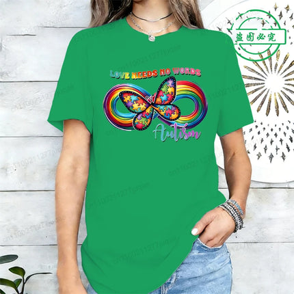 Love Needs No Words Autism Awareness T-Shirts, Infinity Butterfly Rainbow Graphic Tee, Support Neurodiversity, April Autism Gift