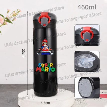 Super Marios Bros 460ml Thermal Cup Men Women Anime Black Straw Bottle Bouncing Lid Portable 304 Stainless Steel Thermo Bottles