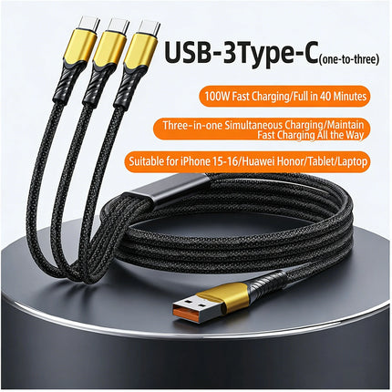100W 3 in 1 USB C Type c to 3 Type C Fast Charging Cable for iphone 17 16 15 Pro max Huawei Xiaomi Samsung