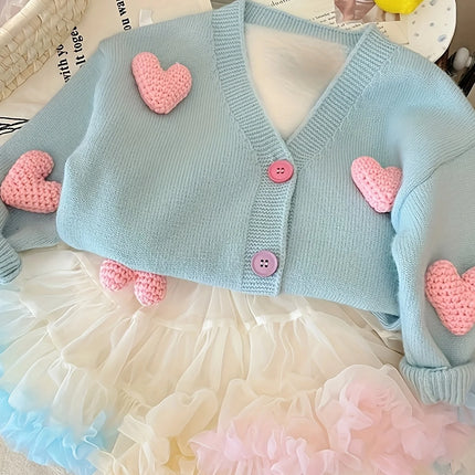 Girls' Autumn Cardigan Sweater New Style Baby Girl Heart Knit Sweater Coat Children's Stylish Top