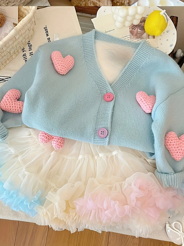 Girls' Autumn Cardigan Sweater New Style Baby Girl Heart Knit Sweater Coat Children's Stylish Top