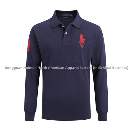 Long Sleeve Pure Cotton Polo Shirt Men's Embroidered Polo Neck T-Shirt Casual Spring Autumn British Style Loose Fit Solid Color