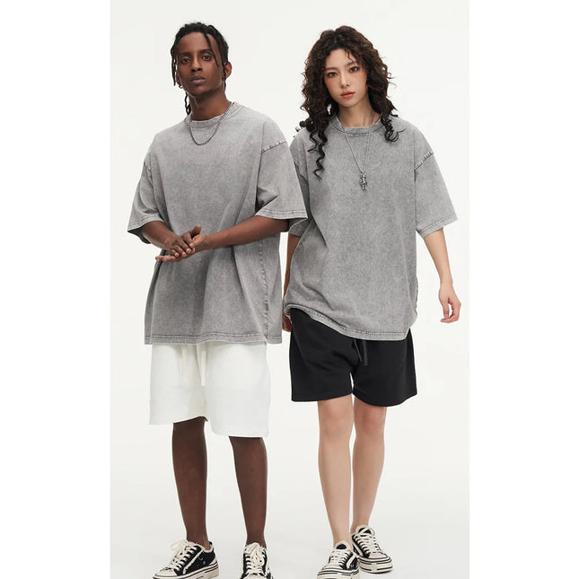 230G Cotton Retro T-shirt Drop-shoulder Sleeve Men Women Vintage Short-sleeve T Shirts Solid Color Hip Hop Loose Tees