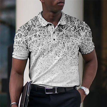 Summer Men's Polo Lapel Golf Shirt with Printed Geometric Pattern Fold