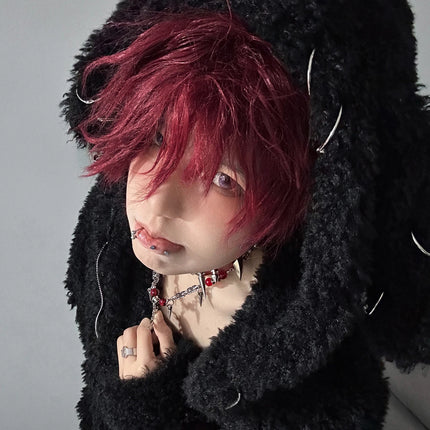 12Inch Personality Wine Red Synthetic Wig With Bang Short Natural Straight Hair For Men or Women Cosplay Heat Resistant LGBTQ