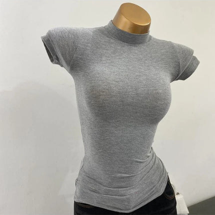 Korean Transparent Short-Sleeved Slim-Fit Elastic Solid Color Bottoming T-shirt with Half-High Collar - Sexy Big Chest T-shirt
