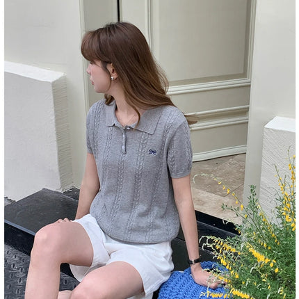 Summer 100% cotton women's T-shirt casual knit pullover short sleeved loose POLO collar Tees Pull luxury brand embroidery Tops