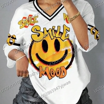 NO.66 Casual Smiling Face Letter & Numeral Print Short Sleeve Sports T-Shirt For Women Summer  Mesh T-shirt Tops