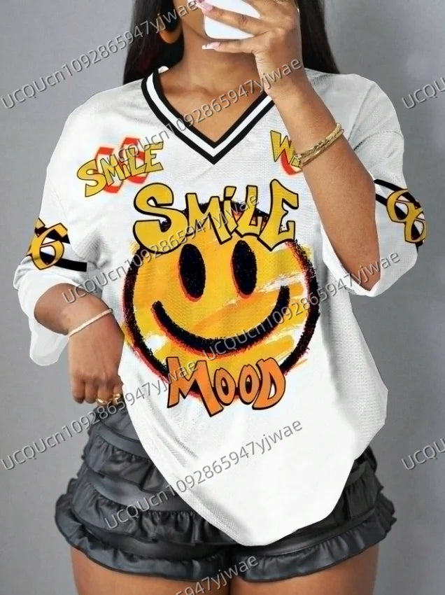 NO.66 Casual Smiling Face Letter & Numeral Print Short Sleeve Sports T-Shirt For Women Summer  Mesh T-shirt Tops
