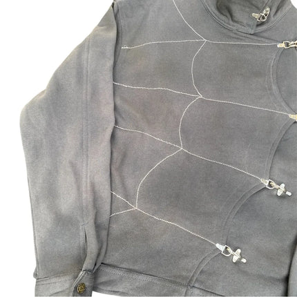 Women's Punk Grunge Jacket Grey Spider Web Embellished Asymmetric Hook Closure High Neck Fitted Cropped Coat 2026
