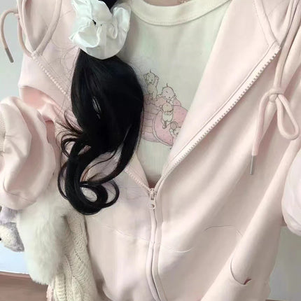 Pink Sweet Oversized Hoodie Autumn Long Sleeve Hooded Zip-up Cotton Sweatshirt Casual Simple Preppy Style Cute Hoodies Top Woman