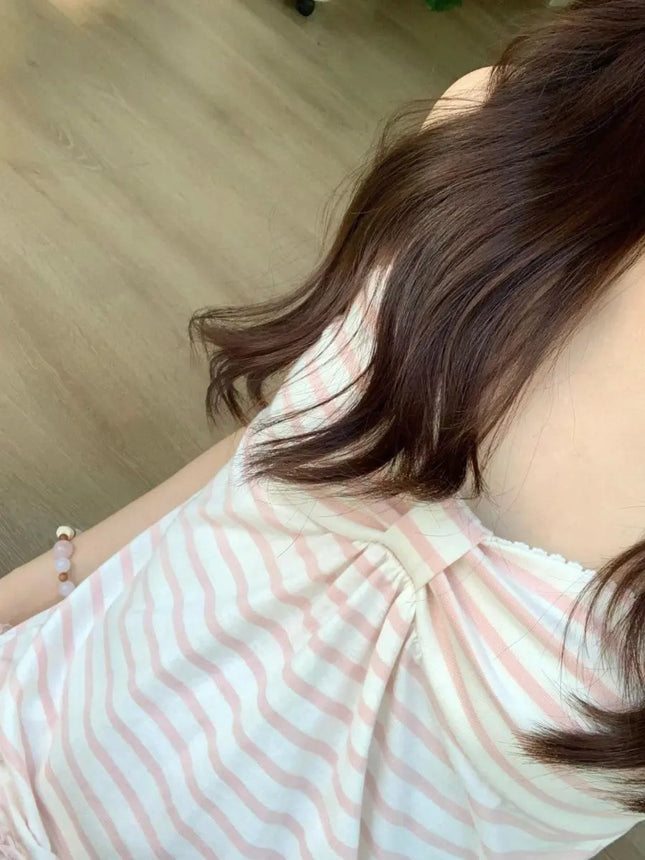 Sweet Stripe Strap Vest Early Taste Girl Feeling Lace  Knot Hemline Upper Apparel Japanese Sle Women's Loose Fit Top