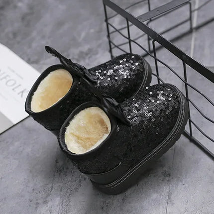 Girls Snow Boots Bunny Ear Bowtie Sequins Cute Winter Warm Ankle Boots Princess Toddler Non-slip Fashion Kids Boot Glitter Bling