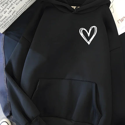 Hirsionsan Simplic Heart Print Women Sweatshirt Soft Casual Loose Vintage Female Hoodies 2024 Winter Warm Fleece Student Tops