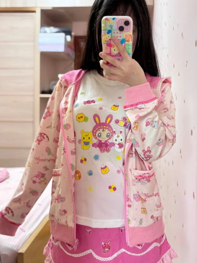 Japanese Kawaii Cute Cartoon Print Hoodies Women Casual Grunge Lolita Sweatshirts Autumn Causal Preppy Patchwork Hoody Jacket