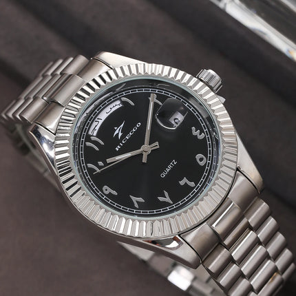 Business quartz watch with Arabic numeral markers, date display, textured dial, and bezel design, suitable for both business and leisure.