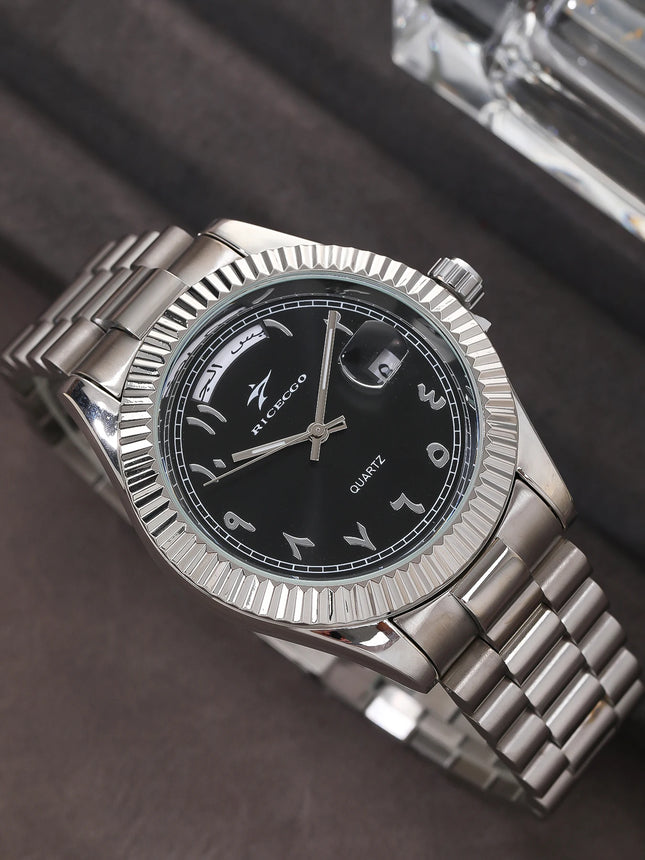 Business quartz watch with Arabic numeral markers, date display, textured dial, and bezel design, suitable for both business and leisure.