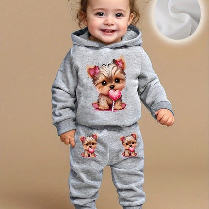 A cute dog pattern printed fleece hoodie and pants set for baby girls in autumn and winter for newborns