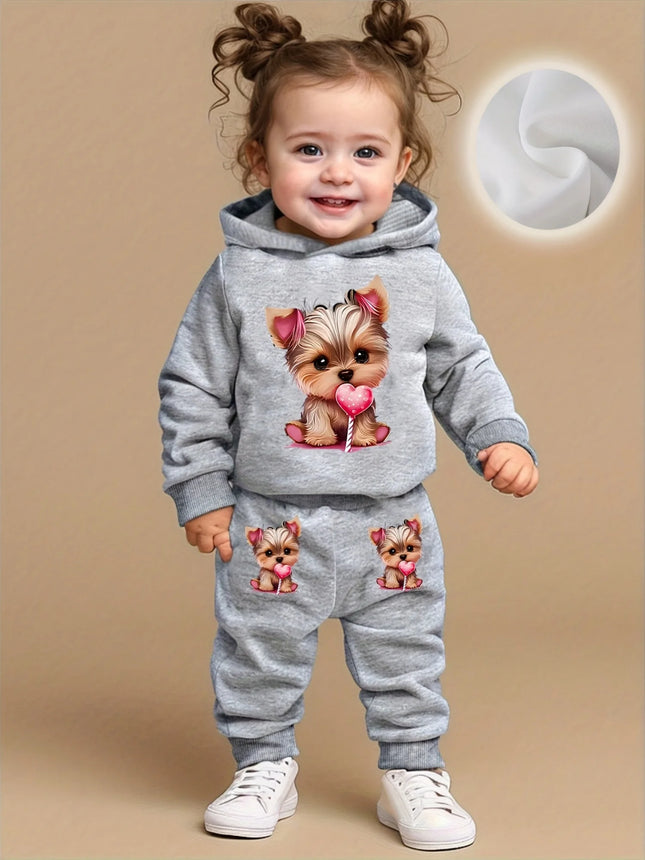 A cute dog pattern printed fleece hoodie and pants set for baby girls in autumn and winter for newborns