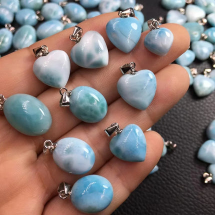 1 Pc Fengbaowu Natural Stone Dominican Republic Larimar Heart Oval Cabochon Pendant 925 Sterling Silver Jewelry Gift For Women