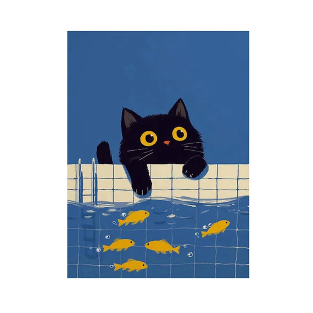Cute Black Cat Wall Art Print with Goldfish, Whimsical Animal Illustration Poster, Modern Contemporary Poster Home Decoration