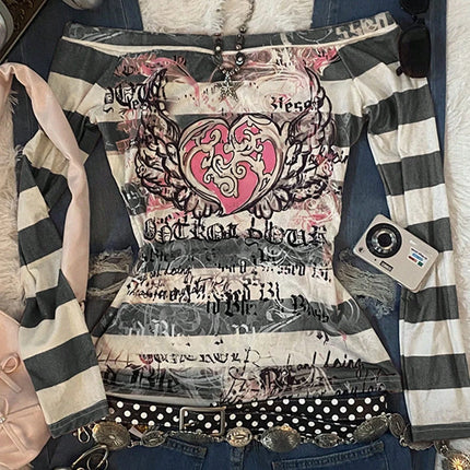 Women's Y2K Sweet 2000s Pink Angel Heart Print, Striped One-Shoulder Long-Sleeved T-Shirt, Suitable For Back-To-School Season,