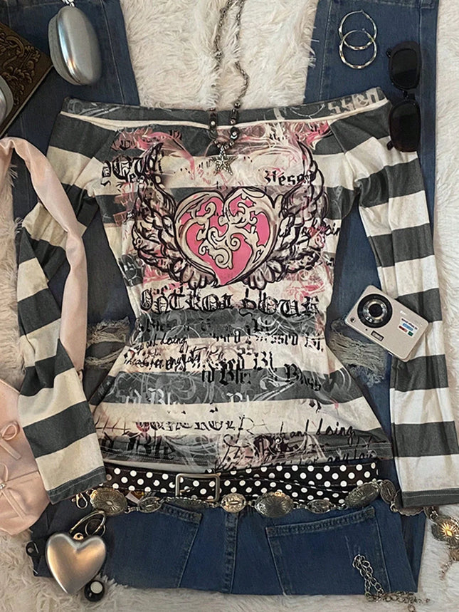 Women's Y2K Sweet 2000S Pink Angel Heart Print,  Striped One-Shoulder Long-Sleeved T-Shirt, Suitable For Back-To-School Season,