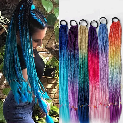 24Inch Synthetic Gradient  Colored Braided Ponytail Hair Extension Elastic Rubber Band Braiding Ponytail for Girl Women