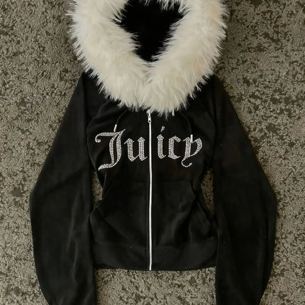Harajuku y2k Millennial Hottie American retro fur collar piecing hoodie zipper hoodie female fall/winter hip hop zipper jacket