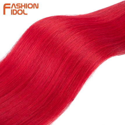 FASHION IDOL Synthetic Hair Bundles 30 inch Salon Yaki Straight Hair Ombre Red High Temperature Fiber Ponytail Hair Extensions
