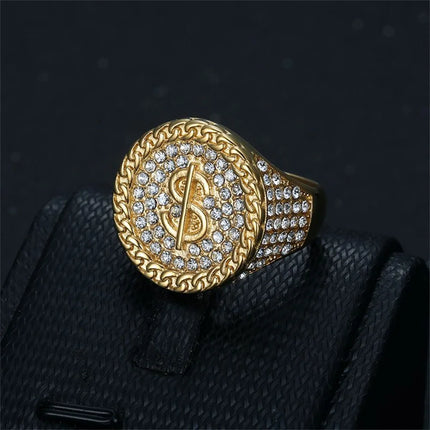 Hip Hop Iced Out Bling Dollar Signs Ring Male Gold Color Stainless Steel Rapper Big Round Money Rings For Men Party Jewelry Gift