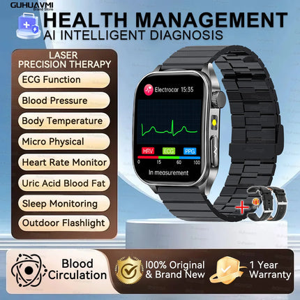 2026 New Health Smart Watch Laser Therapy Reduce Three Highs Blood Oxygen Pressure Uric Acid Blood Lipid ECG Smartwatch For Man