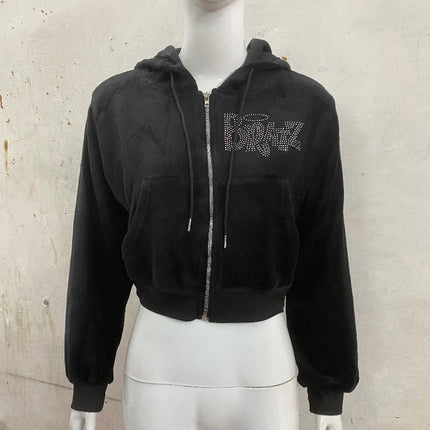 European American Casual Sports Cardigan Zipper Top Personalized Letter rhinestone Short midriff-baring Hoodie Women's Clothing