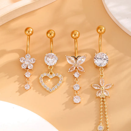 3-5pcs Mixed-Style Sets Heart Flower Dangle Belly Button Rings Stainless Steel Butterfly Curved Zircon Belly Piercing Navel Ring