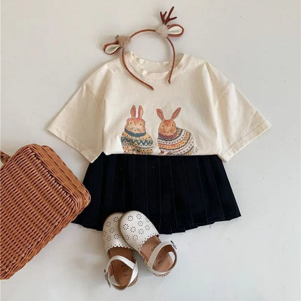 2025 Summer Kids Clothes Children Short Sleeve Korean Style Rabbit Flower Print T-Shirt Baby Girls Half Sleeve Round Neck Tops