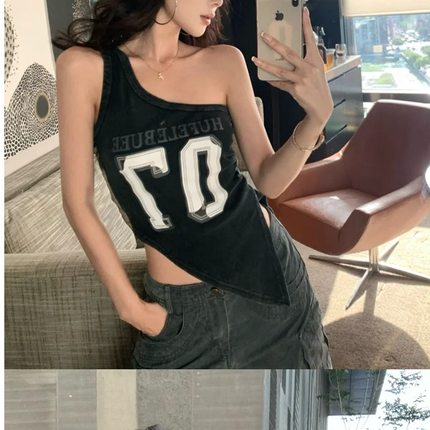 American High Street Hot Girl Slanted Collar Off-Shoulder Irregular Letter Print Camisole Vest Women's Retro Slit Top Y2K 2000s