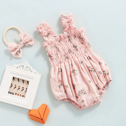 Infant Baby Girl's Sleeveless Jumpsuit Floral Print Elastic Bust Shoulder Straps Romper Bow Headband