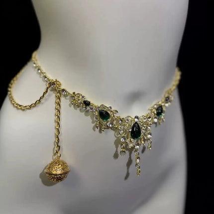 Emerald-Green Rhinestone Nipple Clamp Chain Body Chain Collar in One Piece with Palace Bell Pendant BDSM Couple Teasing Sex Toy