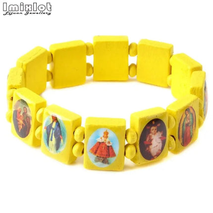 Wooden Rosary Jesus Bracelet Elastic Coloured Beads Catholic Bangle Picture Of Religious Saints Holy Gods Devotion Bracelet
